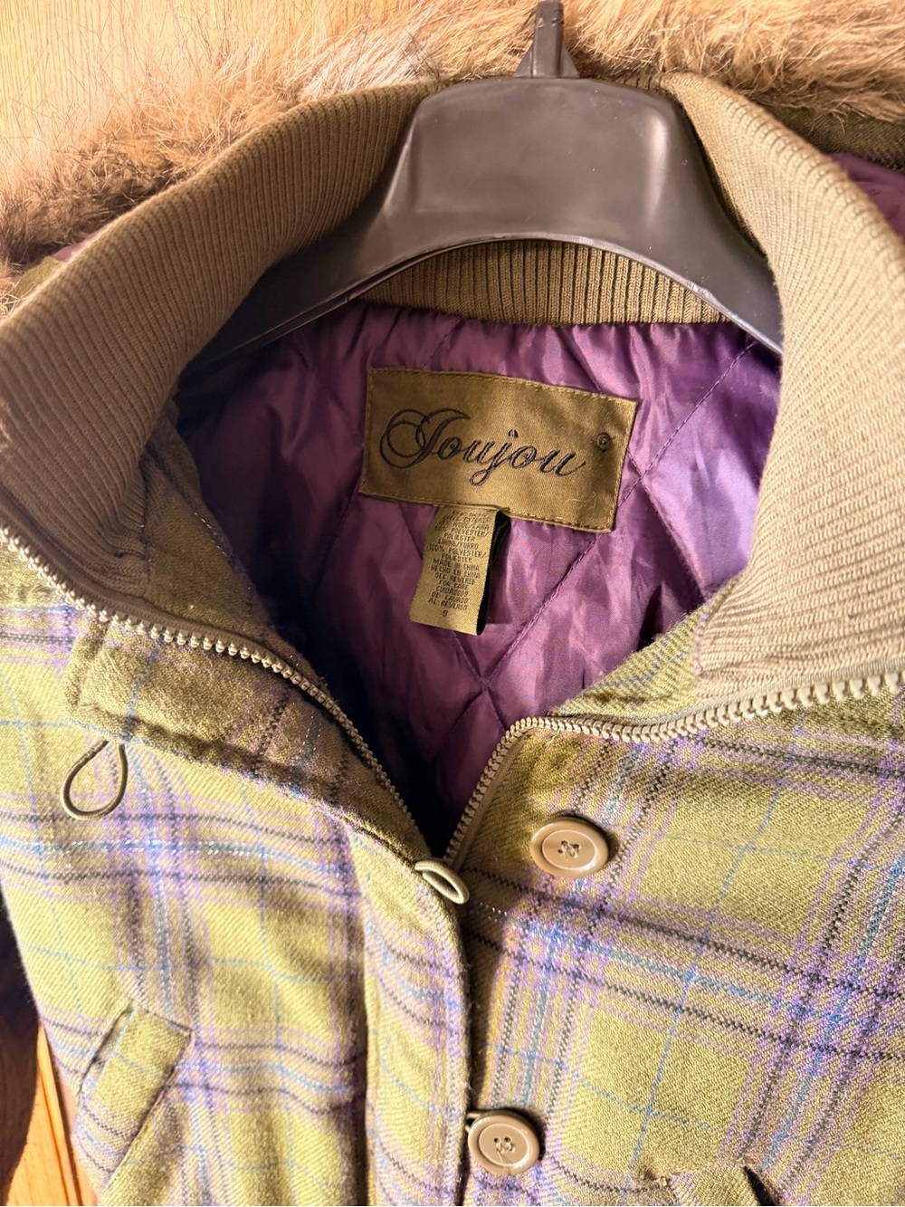 Y2K Jou Jou Wool Blend Plaid Bomber w/ Removable Faux Fur Hood - Picture 4 of 7